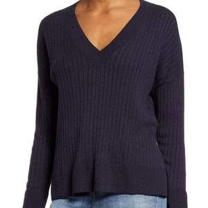 Treasure & Bond Women's Ribbed Navy V-Neck Sweater Size S